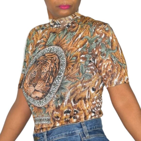 Vintage Lion Portrait Shirt Brown Baroque Jungle Top Shimmer Sheer Knit Small - Picture 5 of 15